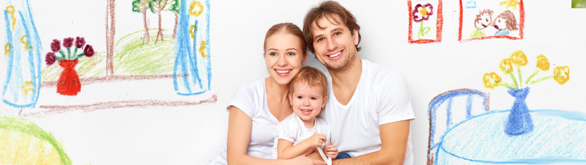 Couple with child in illustration to depcit New Home Purchase mortgage options from Michigan Mortgage lender Inlanta